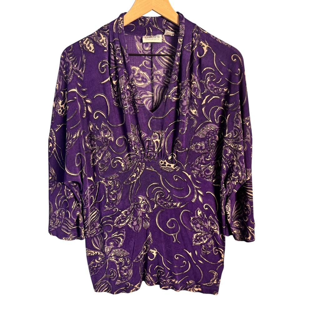 Chicos Travelers Purple Floral V-Neck Empire Waist Blouse 3/4 Sleeve‎ Top Medium